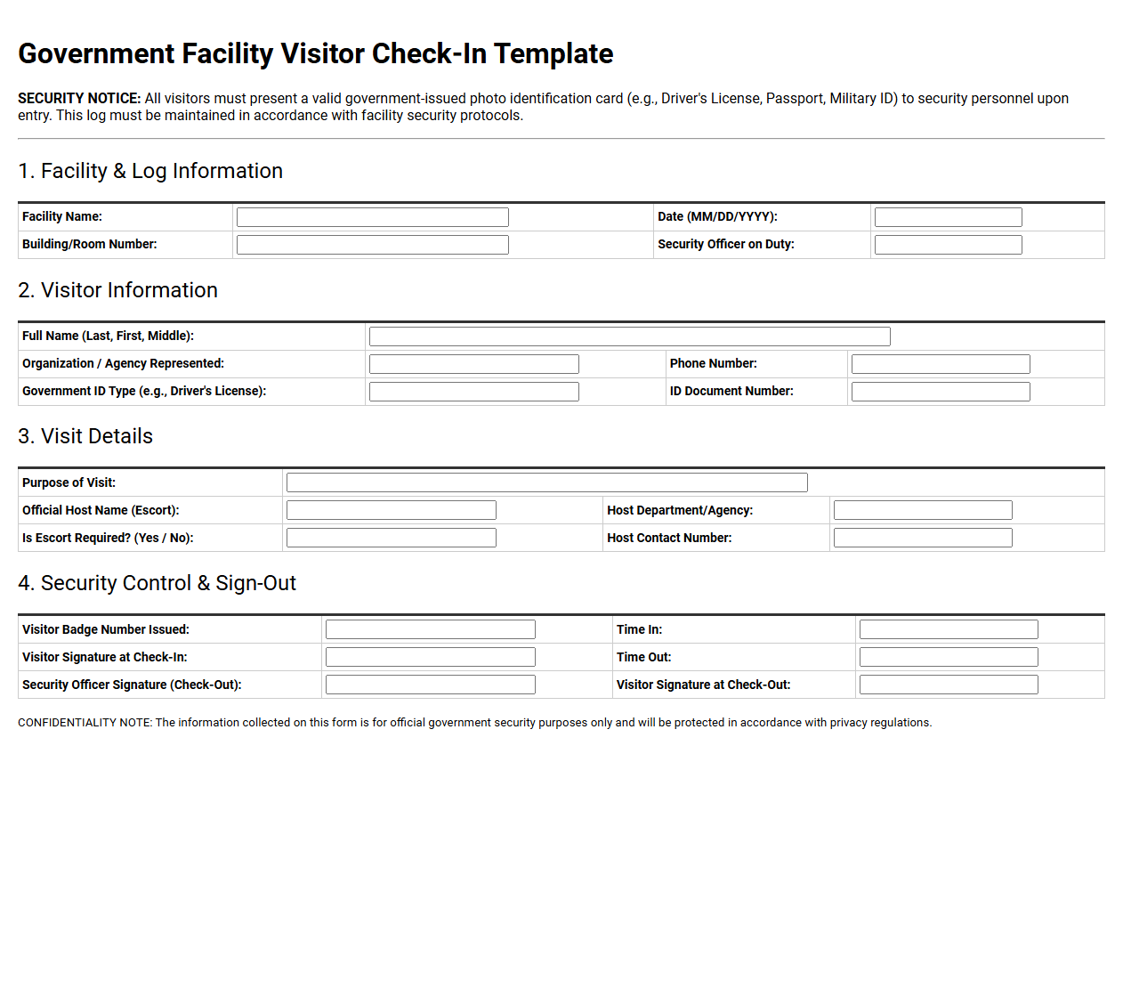 Government Facility Visitor Check In Template