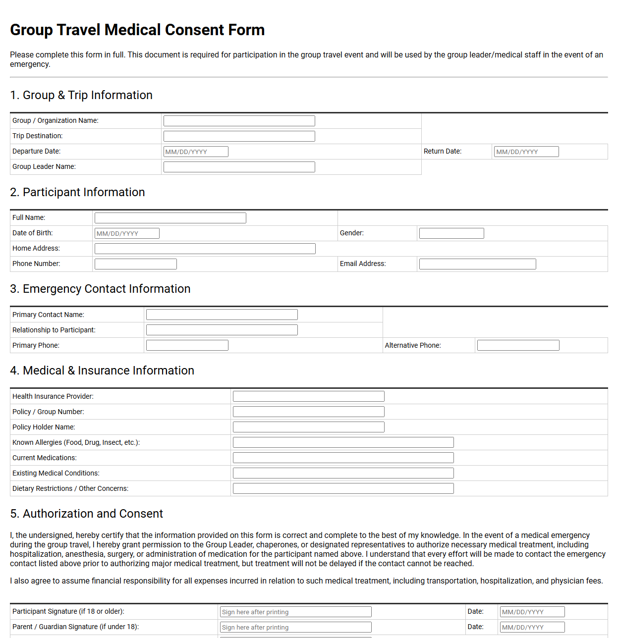 Group Travel Medical Consent Form