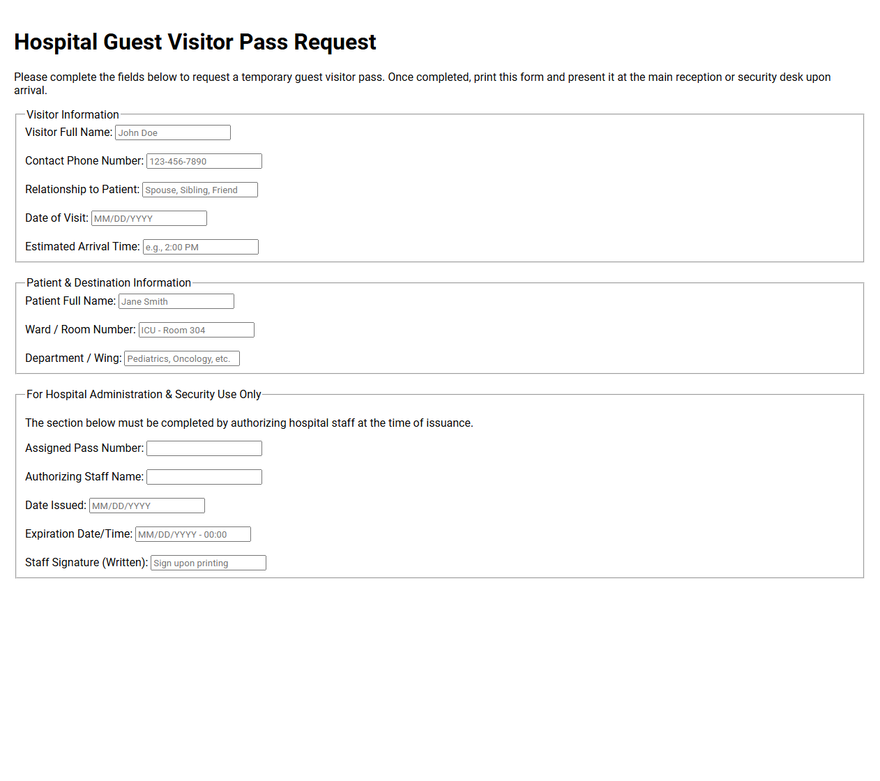 Hospital Guest Visitor Pass Request Template