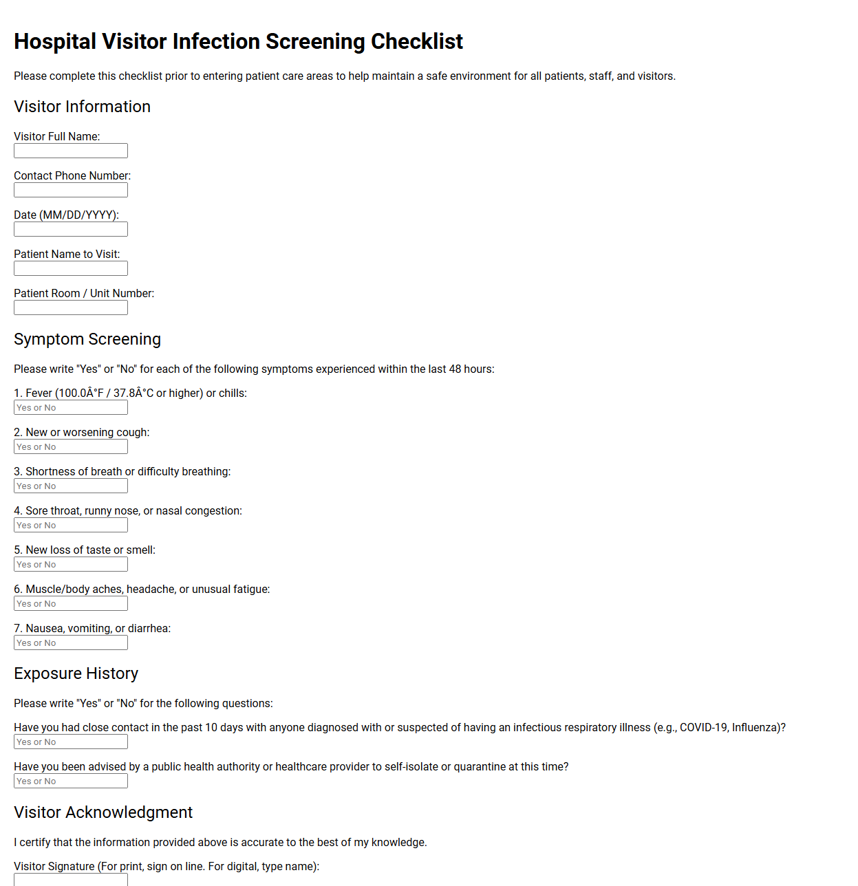 Hospital Visitor Infection Screening Checklist