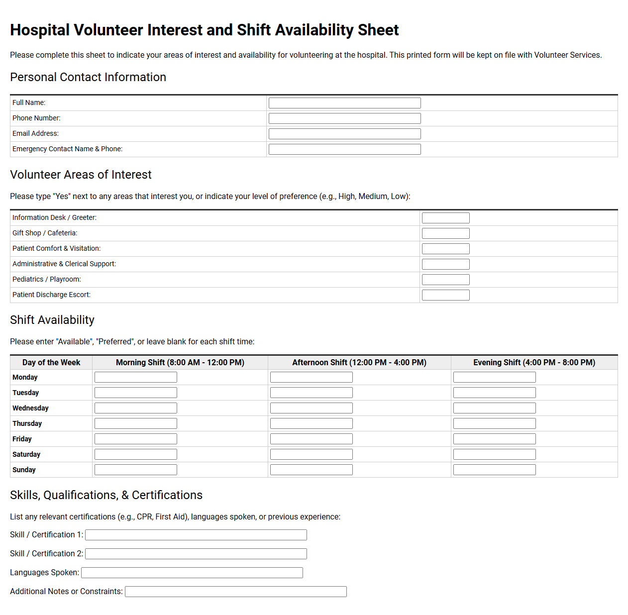 Hospital Volunteer Interest and Shift Availability Sheet