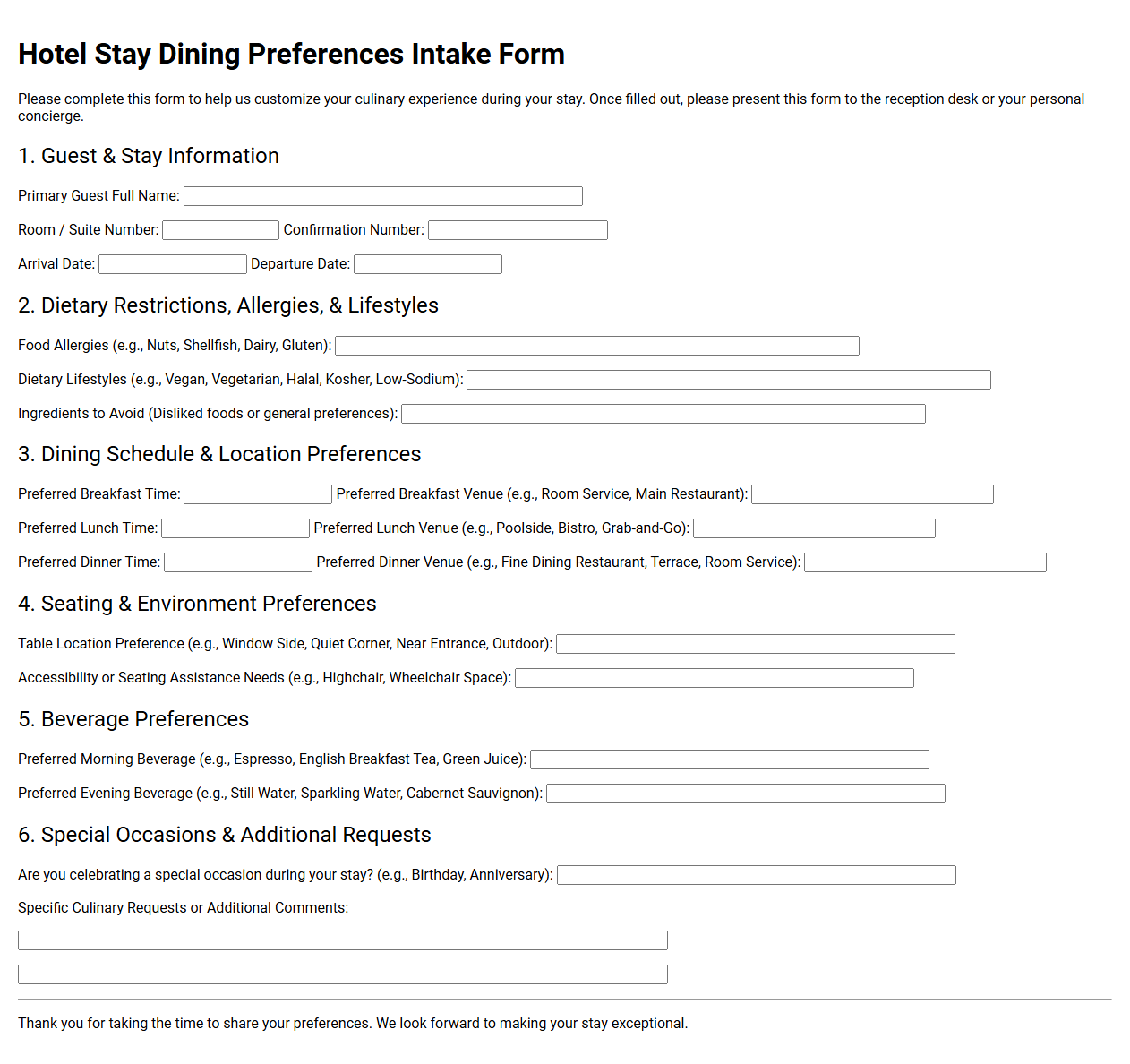 Hotel Stay Dining Preferences Intake Form