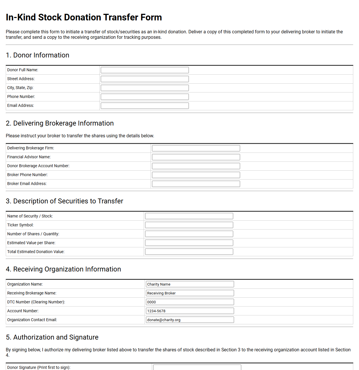 In Kind Stock Donation Transfer Form