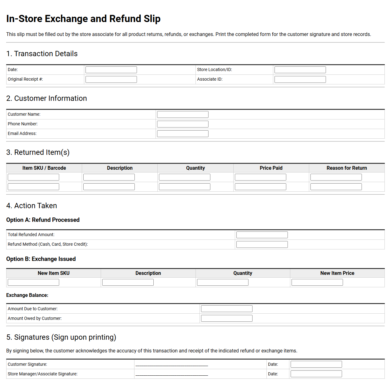 In-Store Exchange and Refund Slip