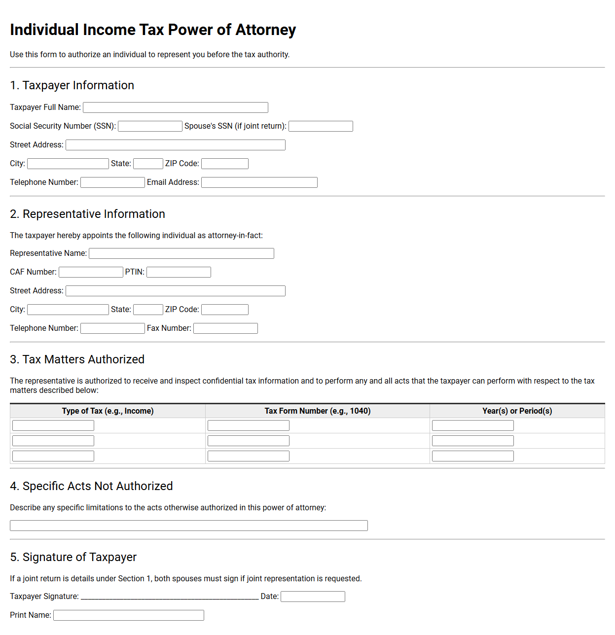 Individual Income Tax Power of Attorney Form