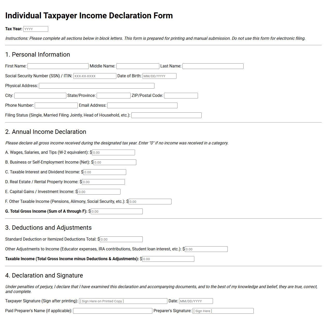 Individual Taxpayer Income Declaration Form Template