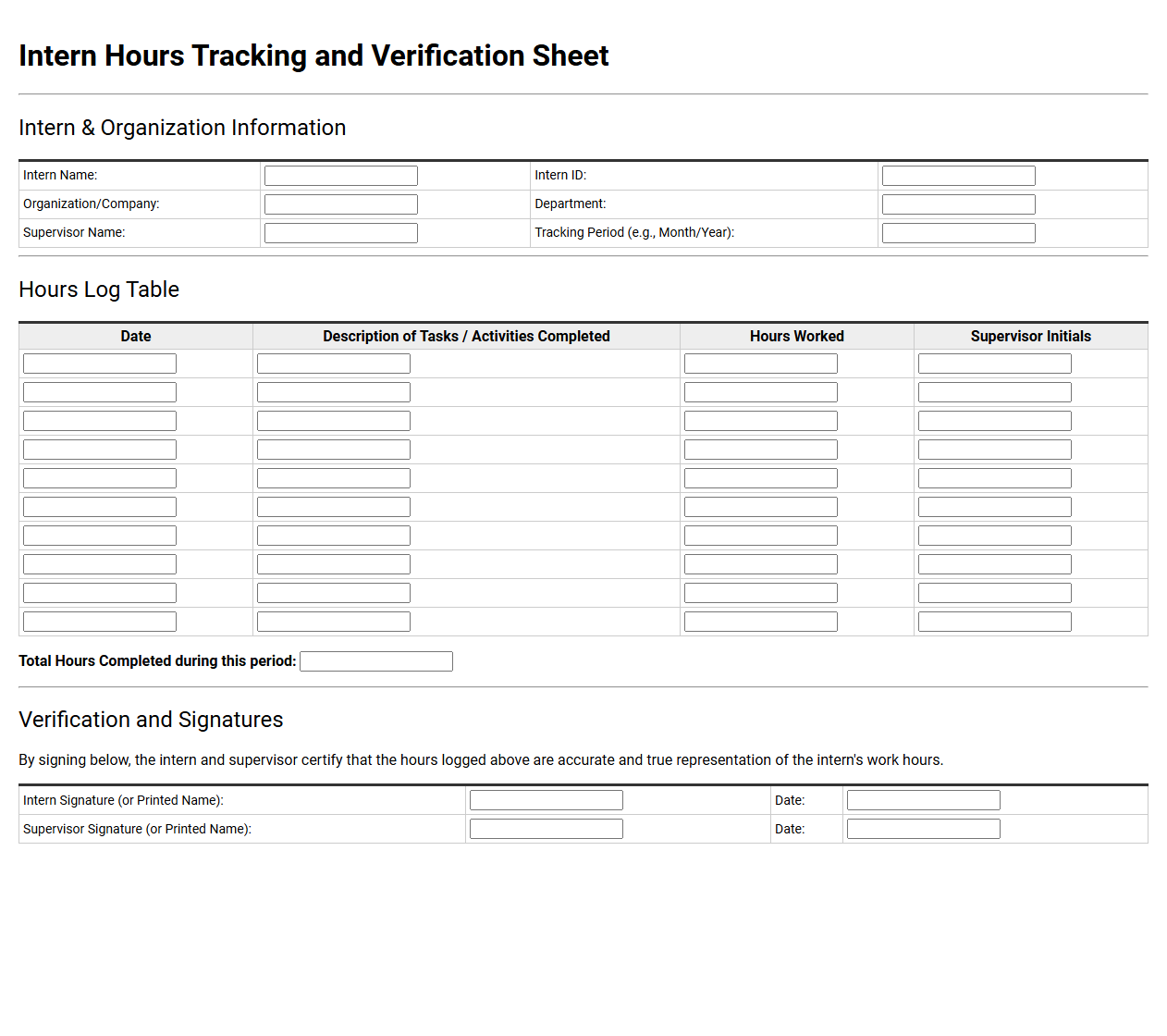 Intern Hours Tracking and Verification Sheet