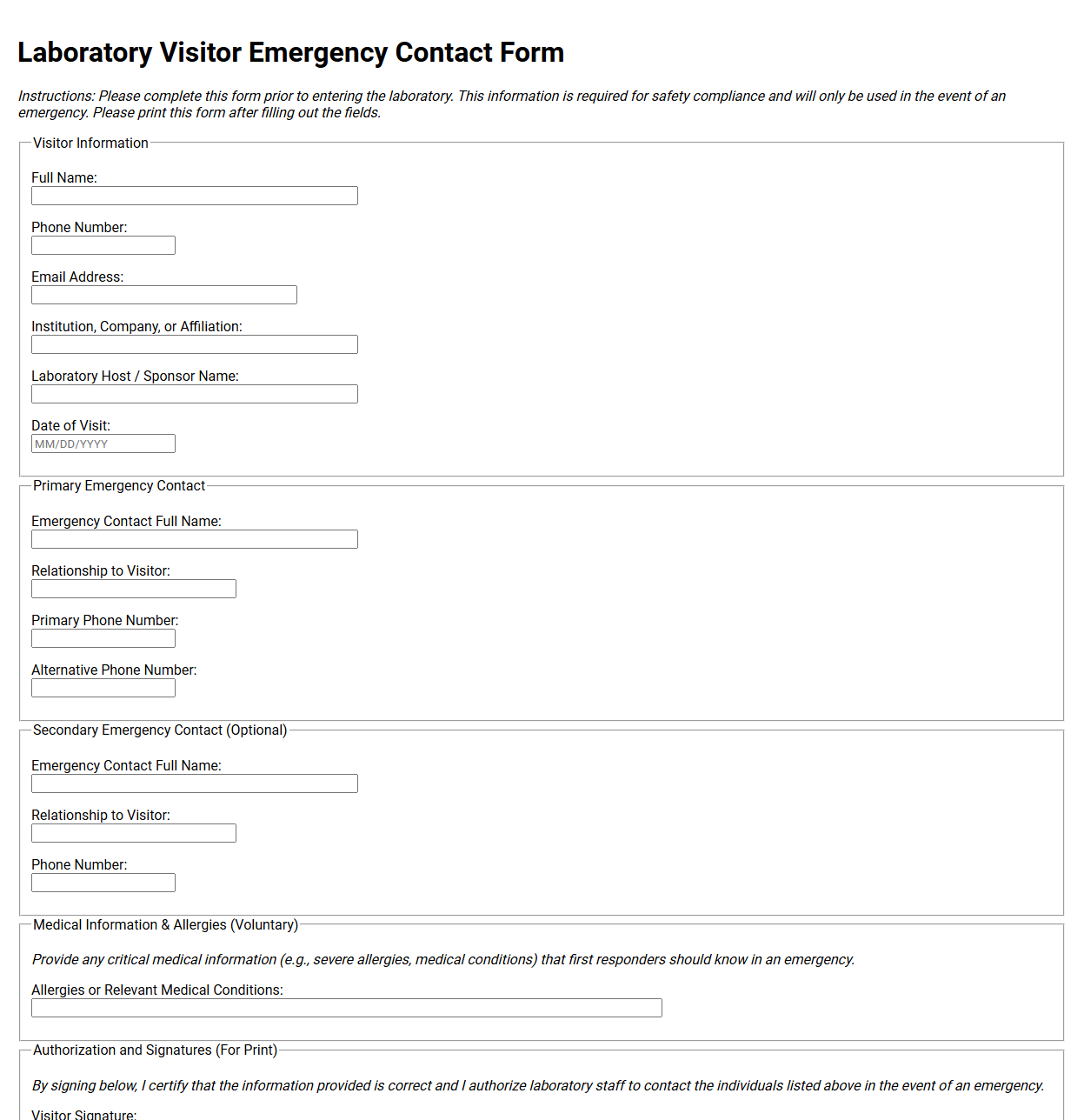 Laboratory Visitor Emergency Contact Form