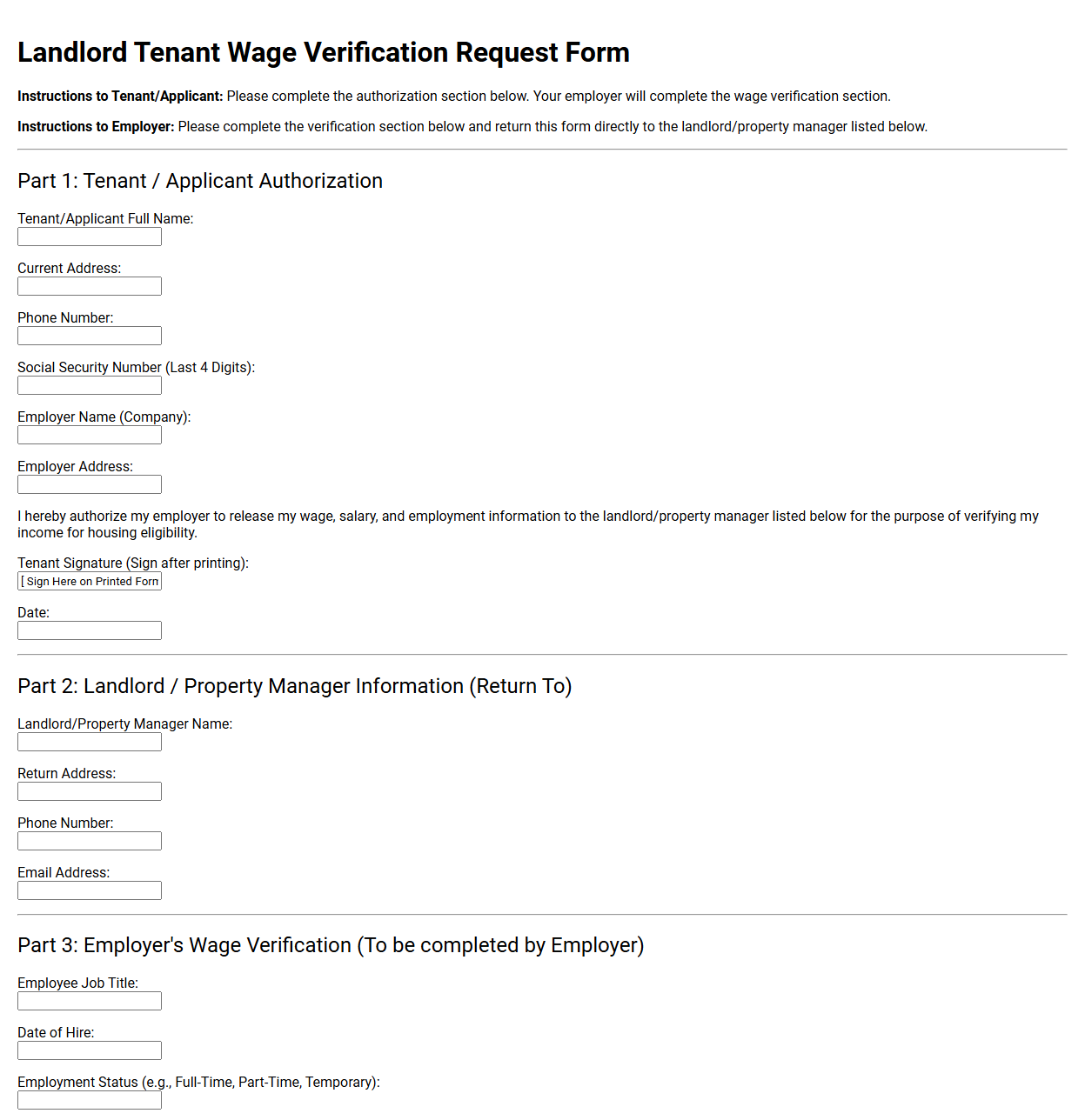 Landlord Tenant Wage Verification Request Form