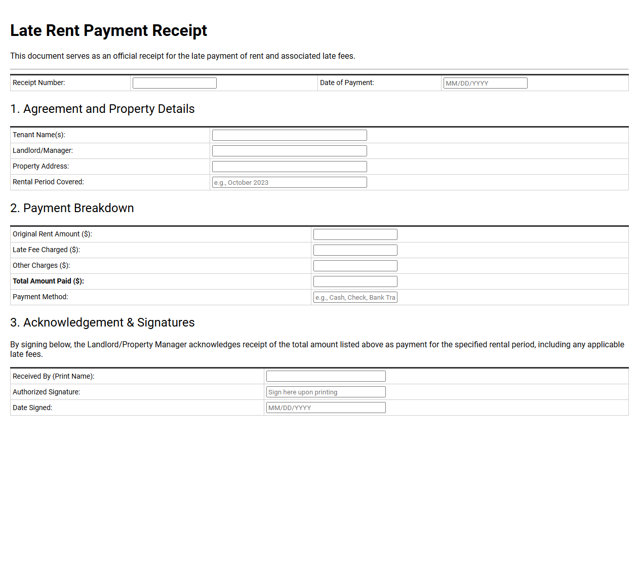 Late Rent Payment Receipt Form