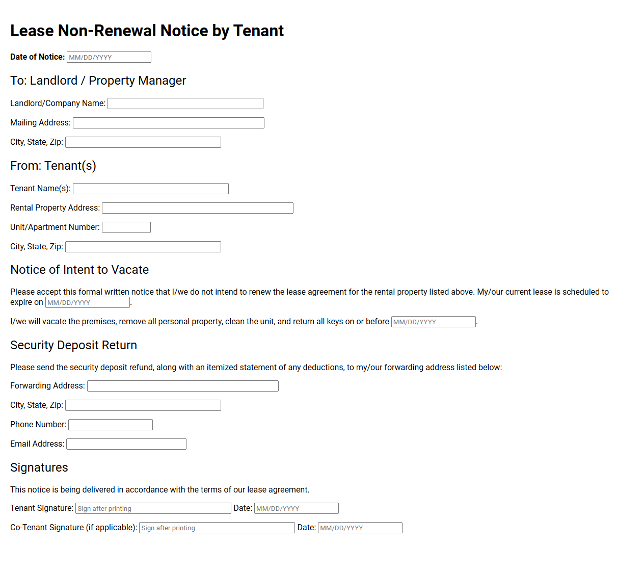 Lease Non Renewal Notice by Tenant Form