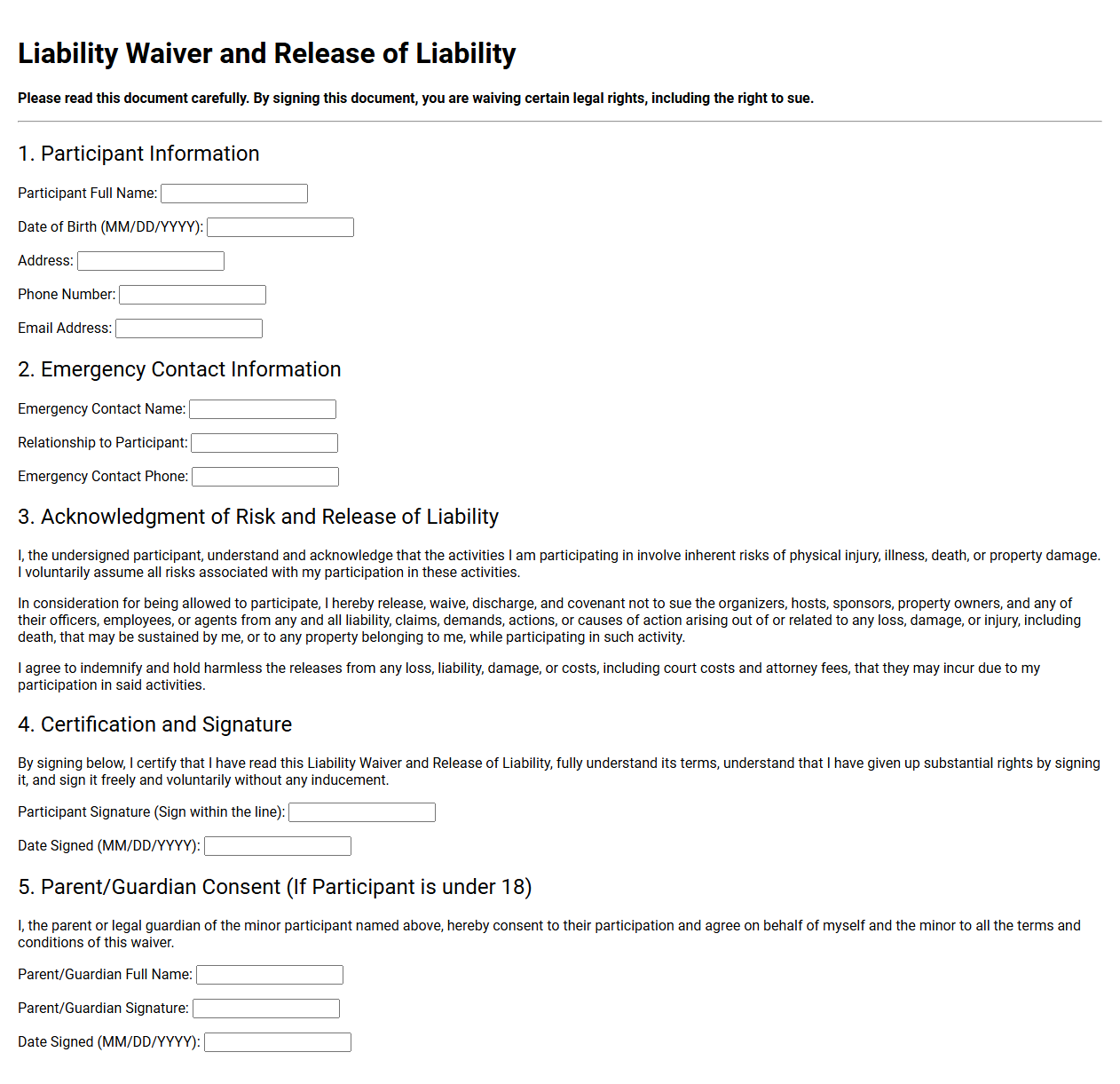 Liability Waiver and Release of Liability