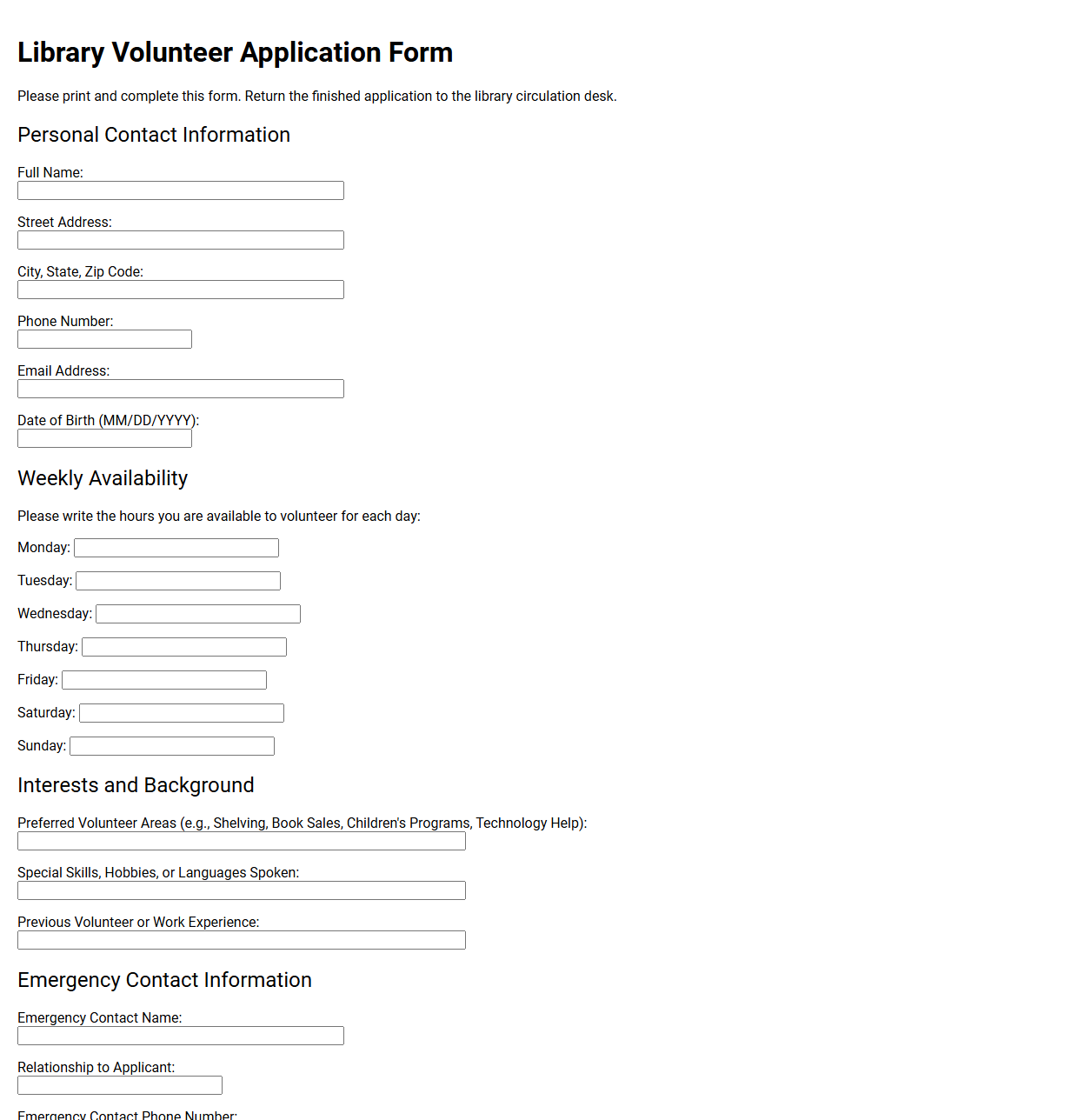 Library Volunteer Application Form Template