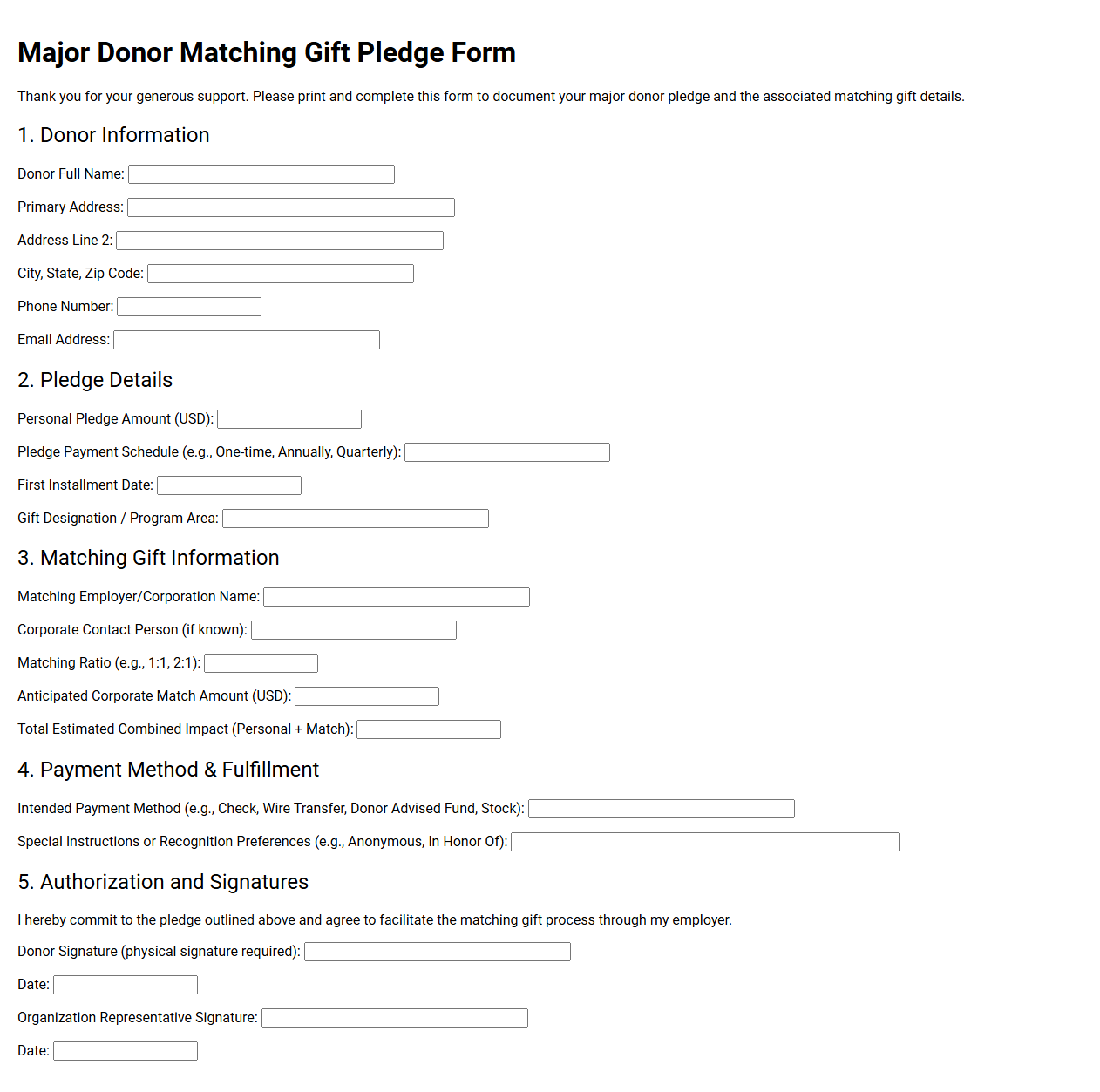 Major Donor Matching Gift Pledge Form