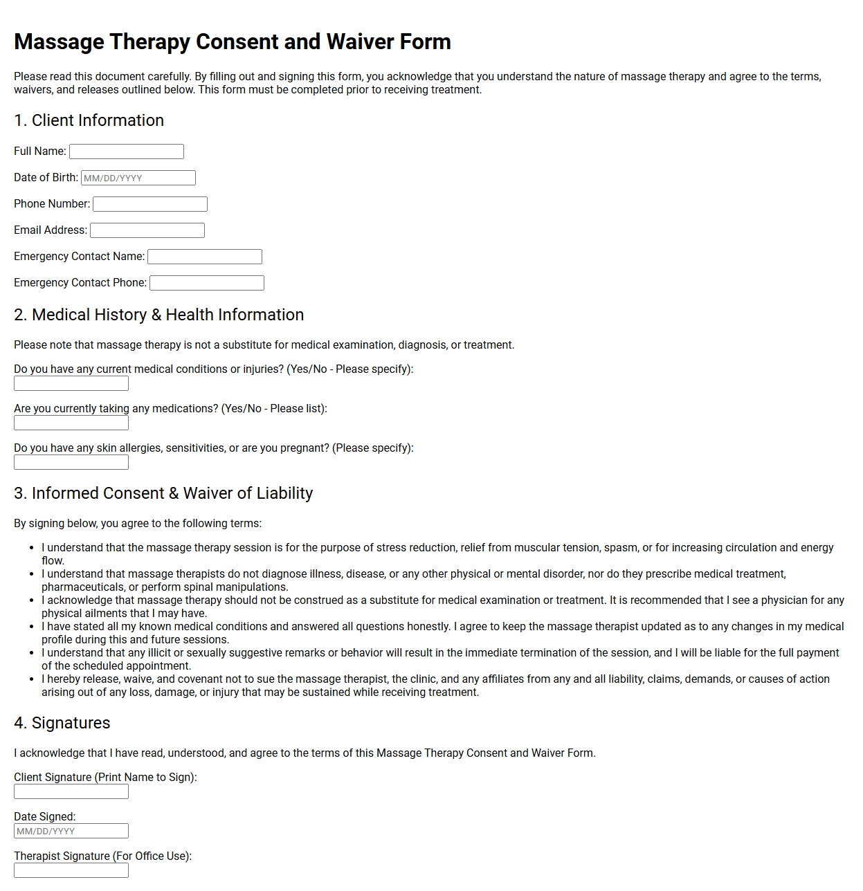 Massage Therapy Consent and Waiver Form