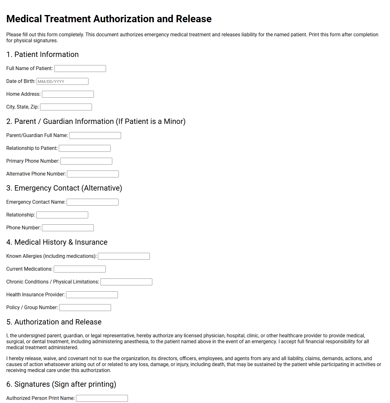 Medical Treatment Authorization and Release