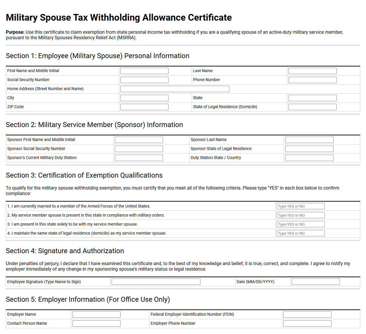 Military Spouse Tax Withholding Allowance Certificate
