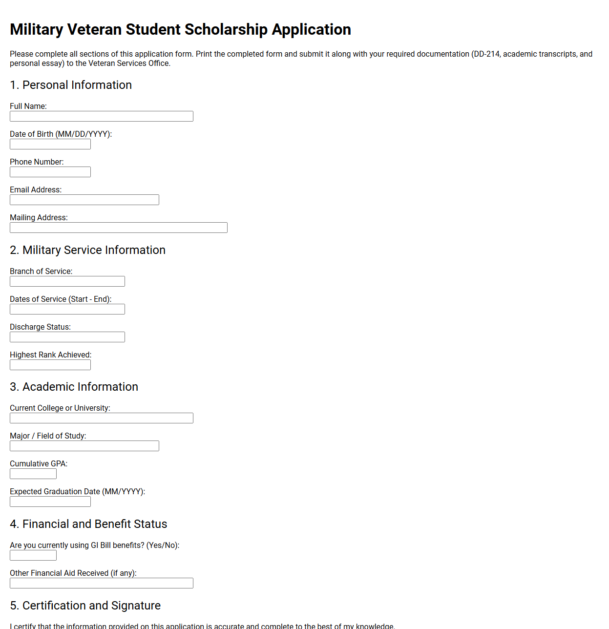 Military Veteran Student Scholarship Form