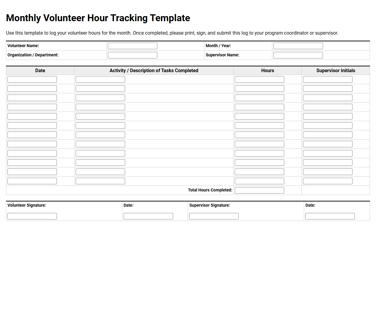 Monthly Volunteer Hour Tracking Template