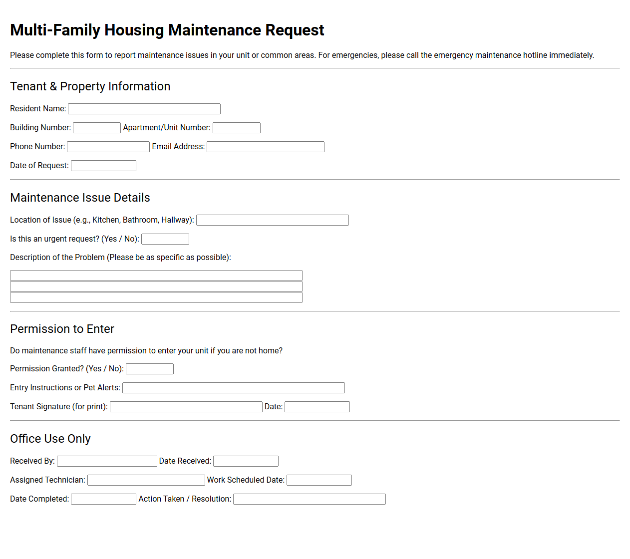 Multi-Family Housing Maintenance Request Template