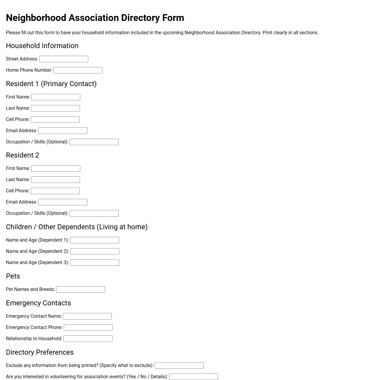 Neighborhood Association Directory Form