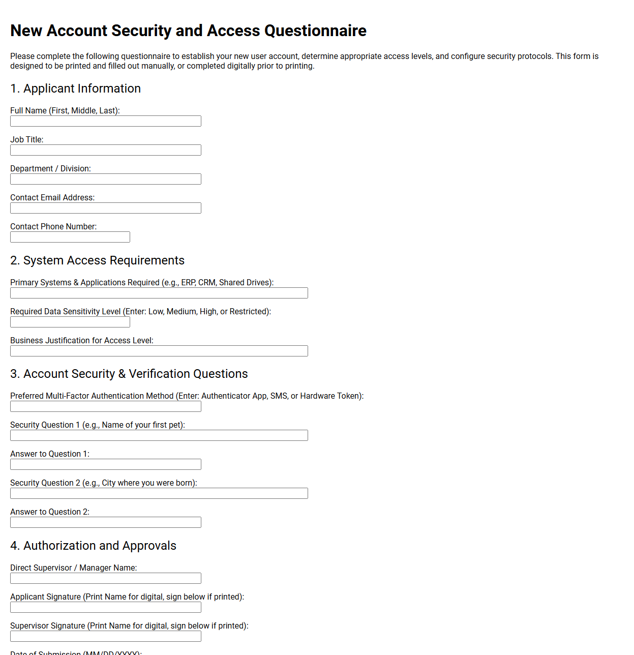 New Account Security and Access Questionnaire
