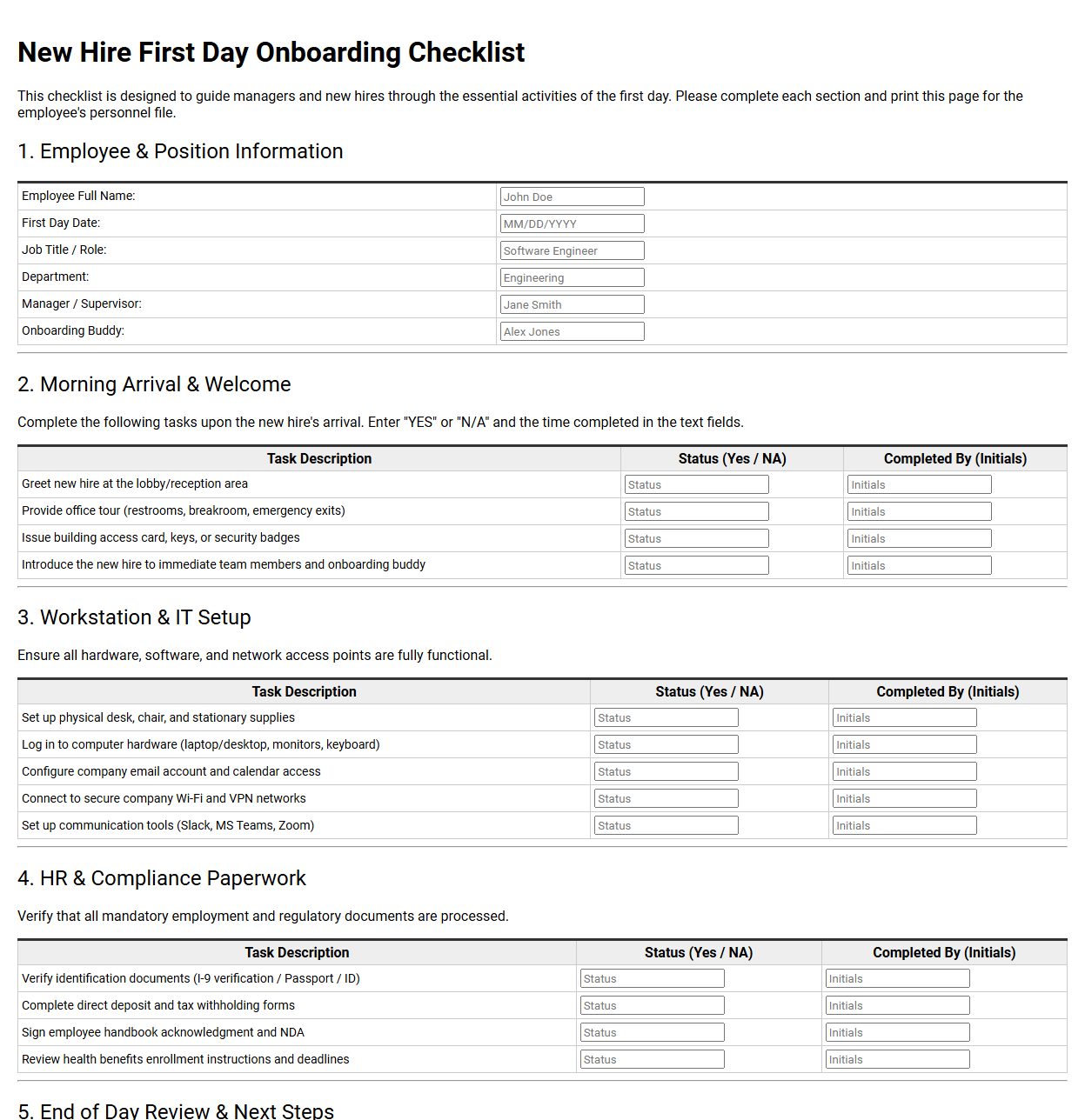 New Hire First Day Onboarding Checklist