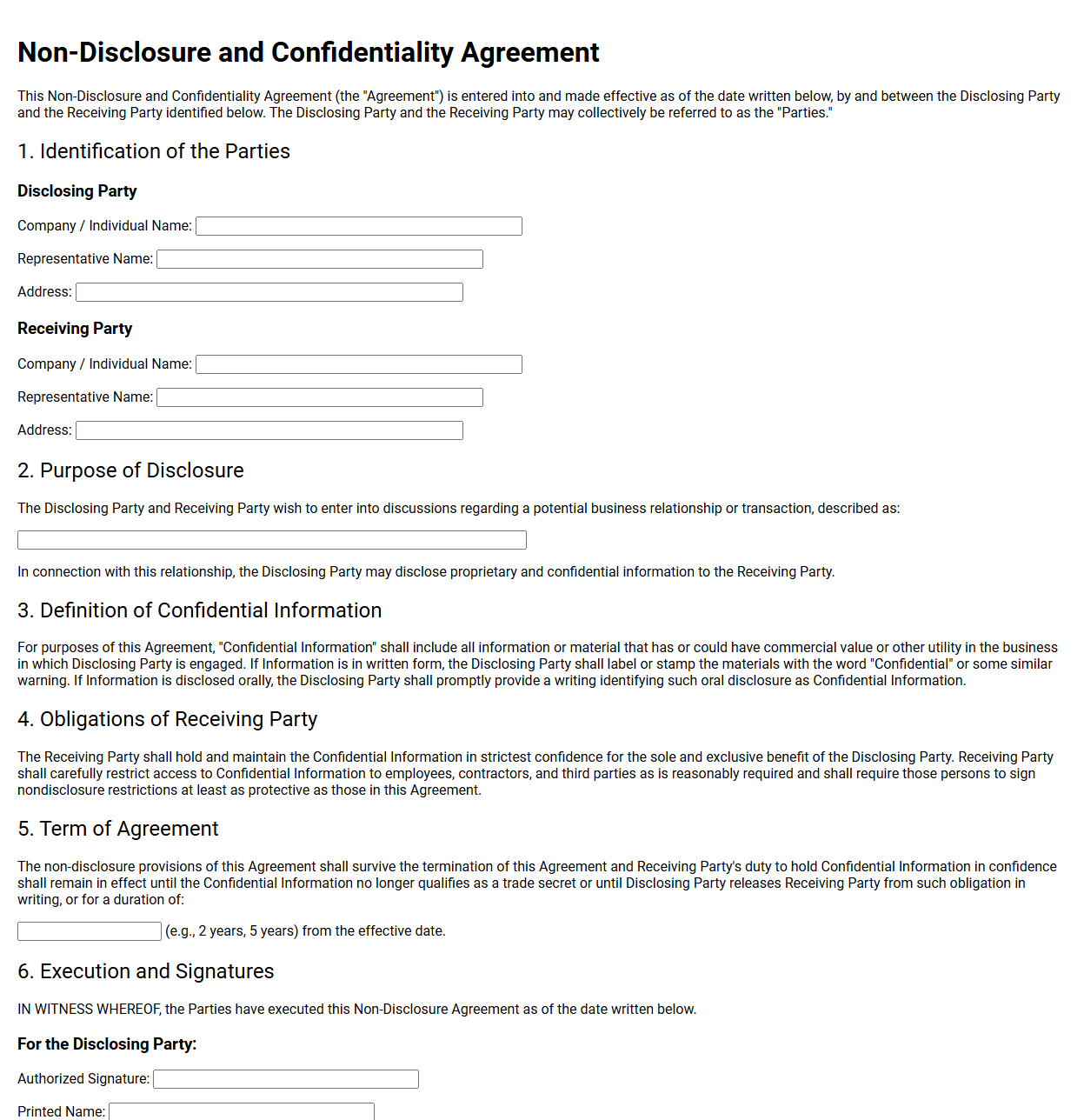 Non-Disclosure and Confidentiality Agreement Form