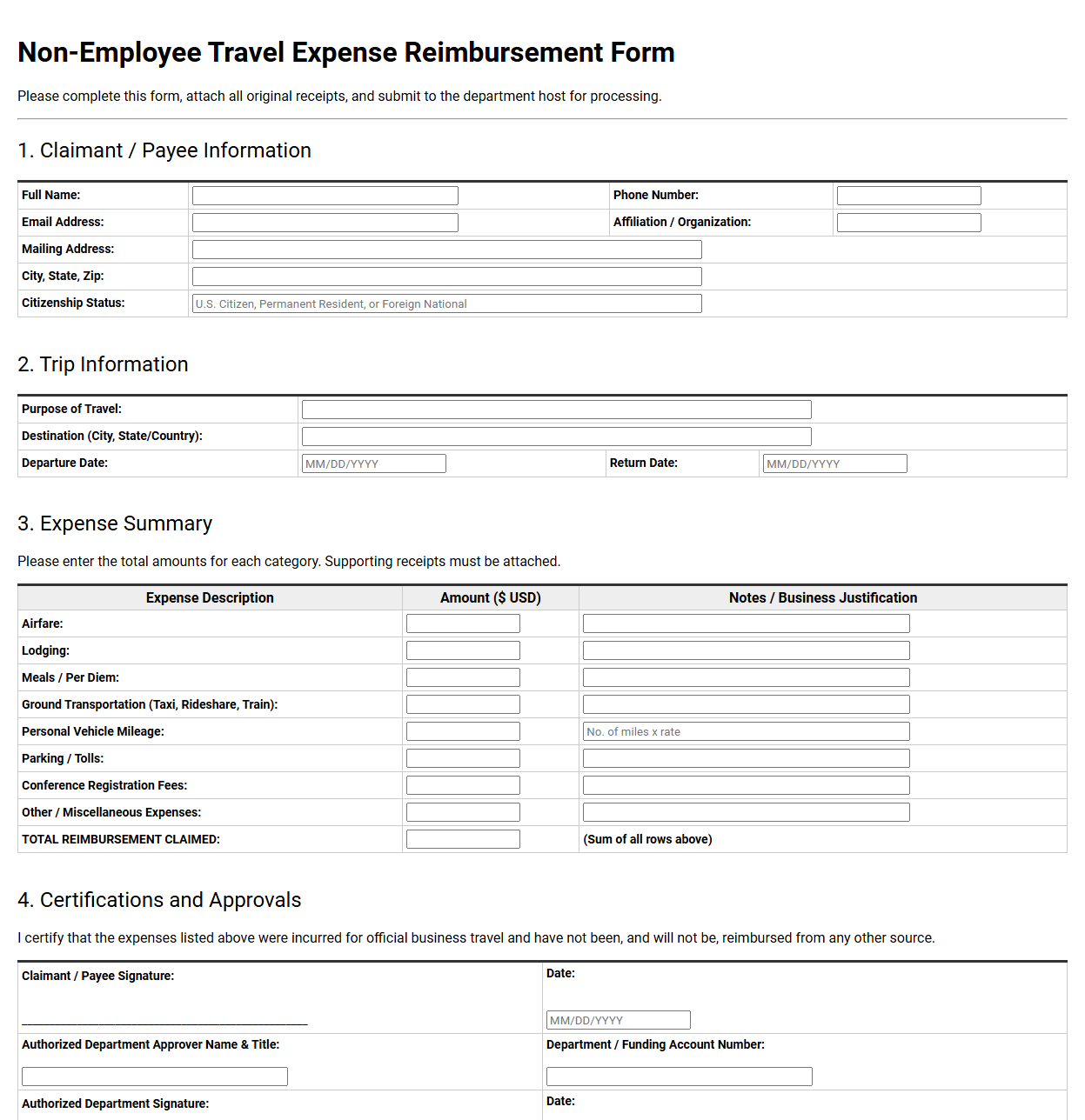 Non Employee Travel Expense Reimbursement Form