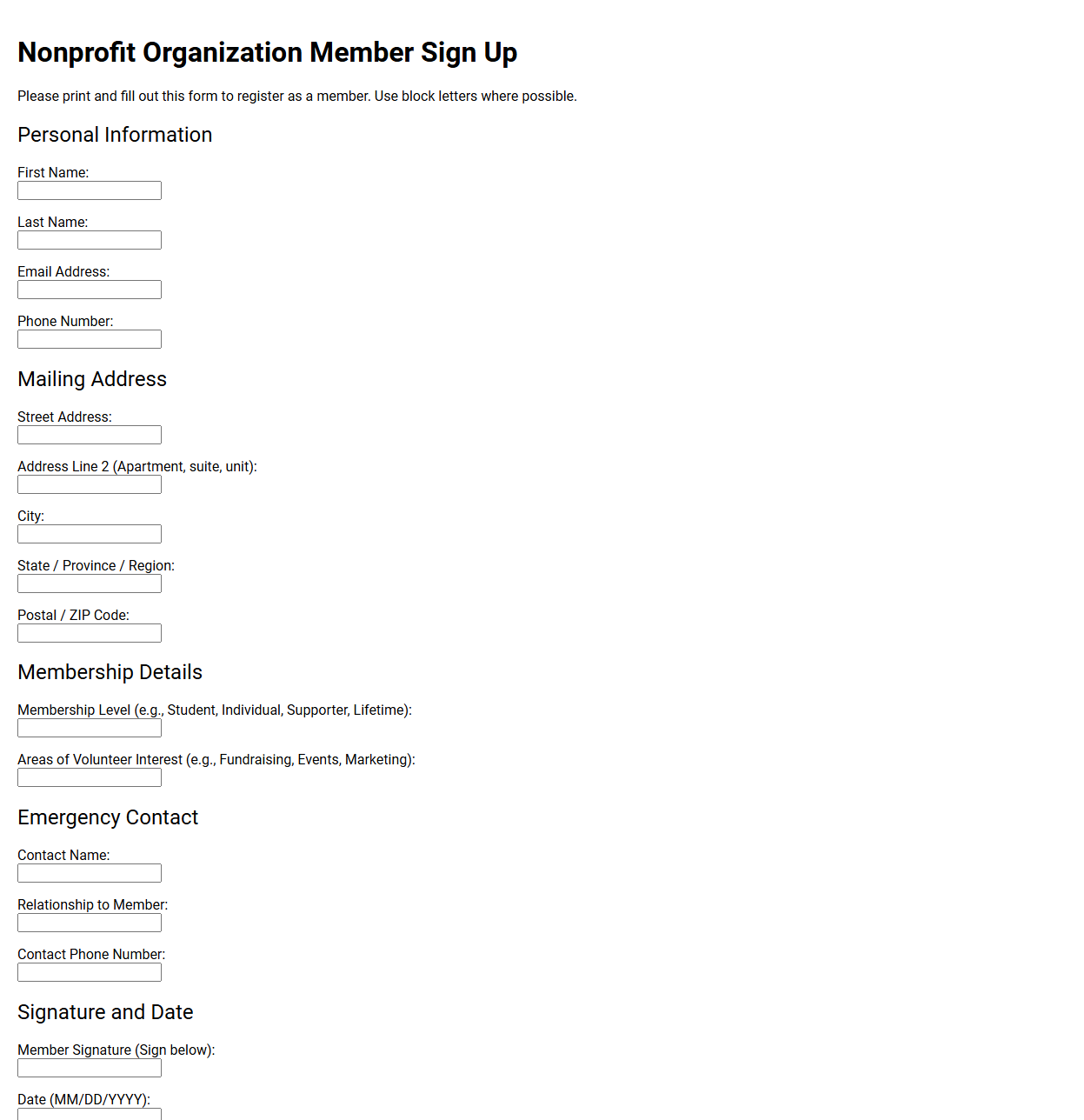 Nonprofit Organization Member Sign Up