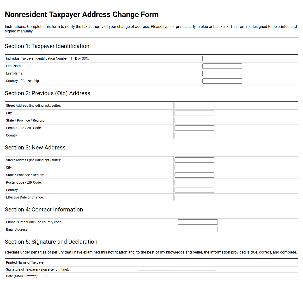 Nonresident Taxpayer Address Change Form Template