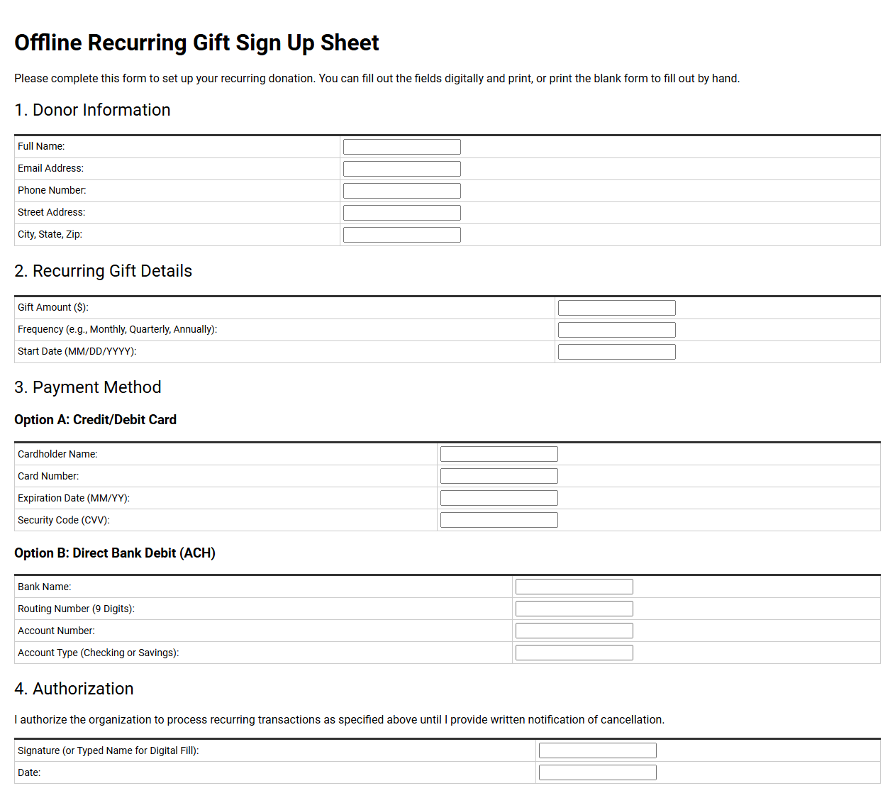 Offline Recurring Gift Sign Up Sheet