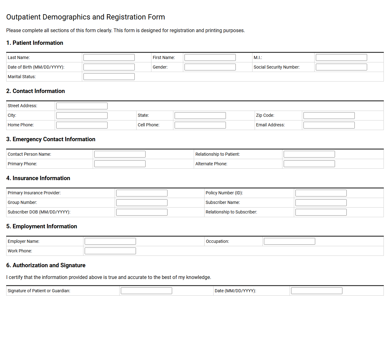 Outpatient Demographics and Registration Form