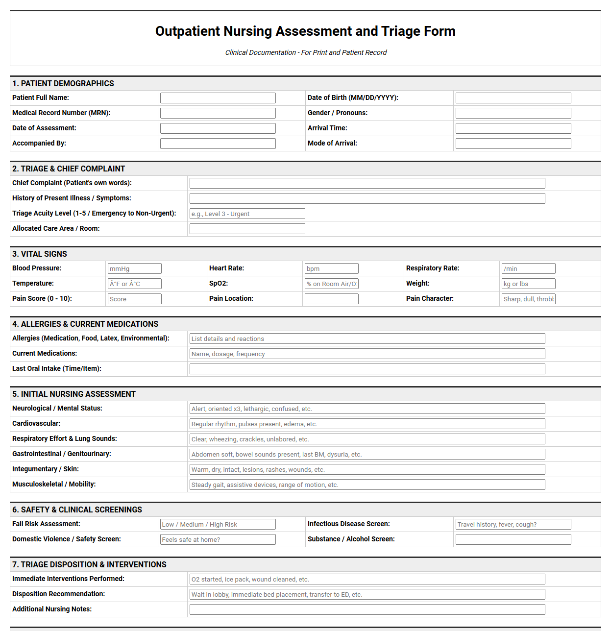 Outpatient Nursing Assessment and Triage Form