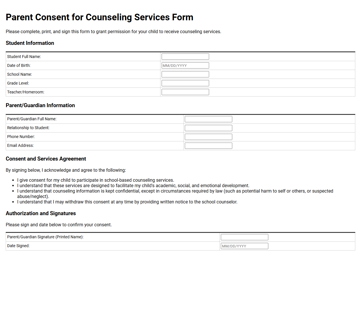 Parent Consent for Counseling Services Form