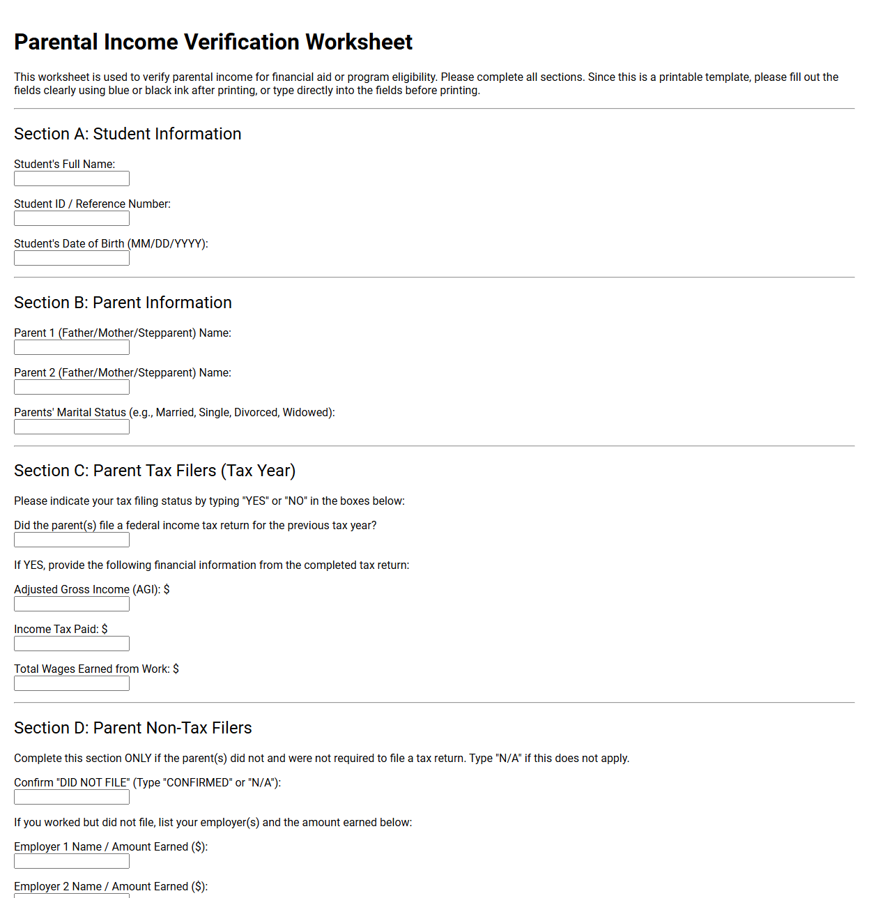 Parental Income Verification Worksheet Template