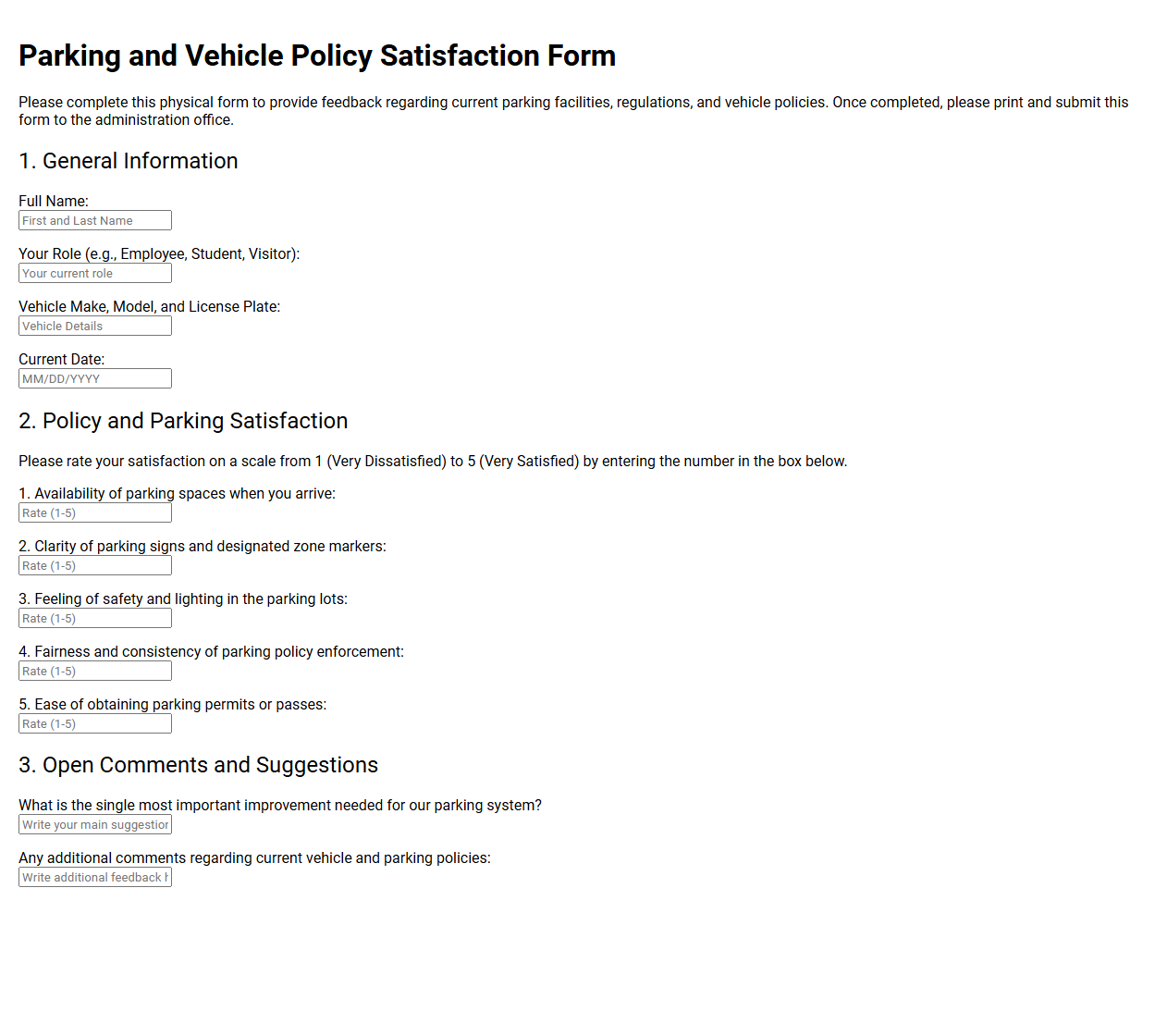 Parking and Vehicle Policy Satisfaction Form