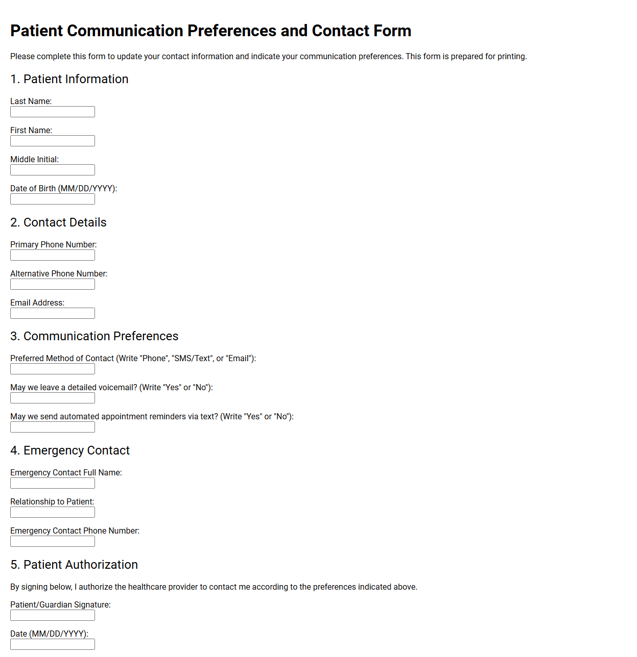Patient Communication Preferences and Contact Form