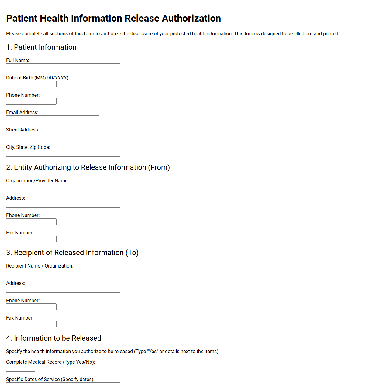 Patient Health Information Release Template