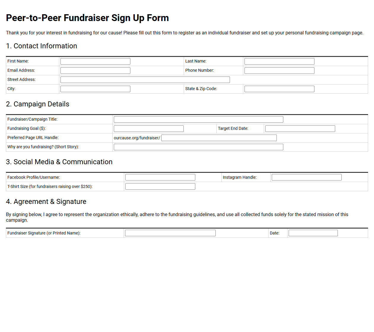Peer-to-Peer Fundraiser Sign Up Form