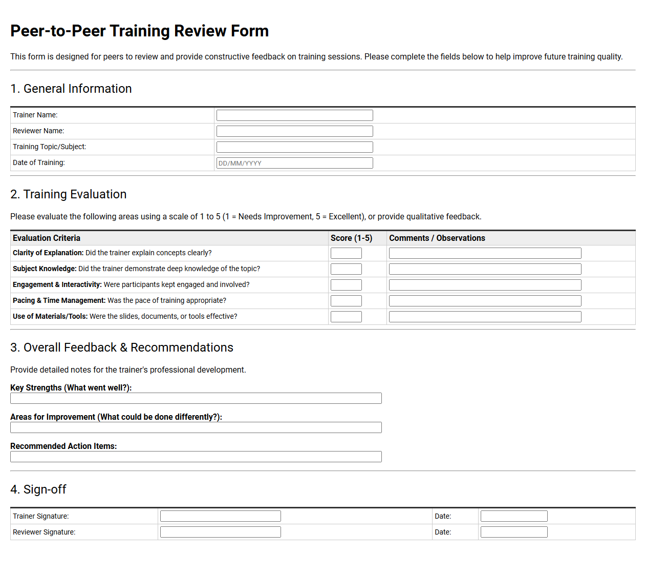 Peer-to-Peer Training Review Form