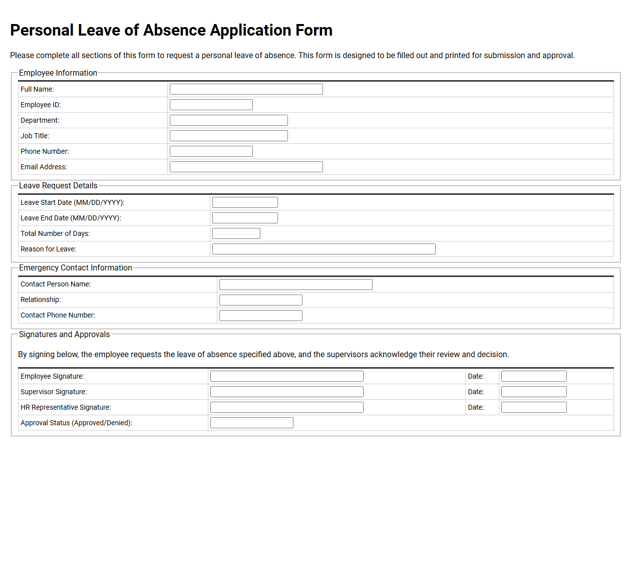 Personal Leave of Absence Application Form