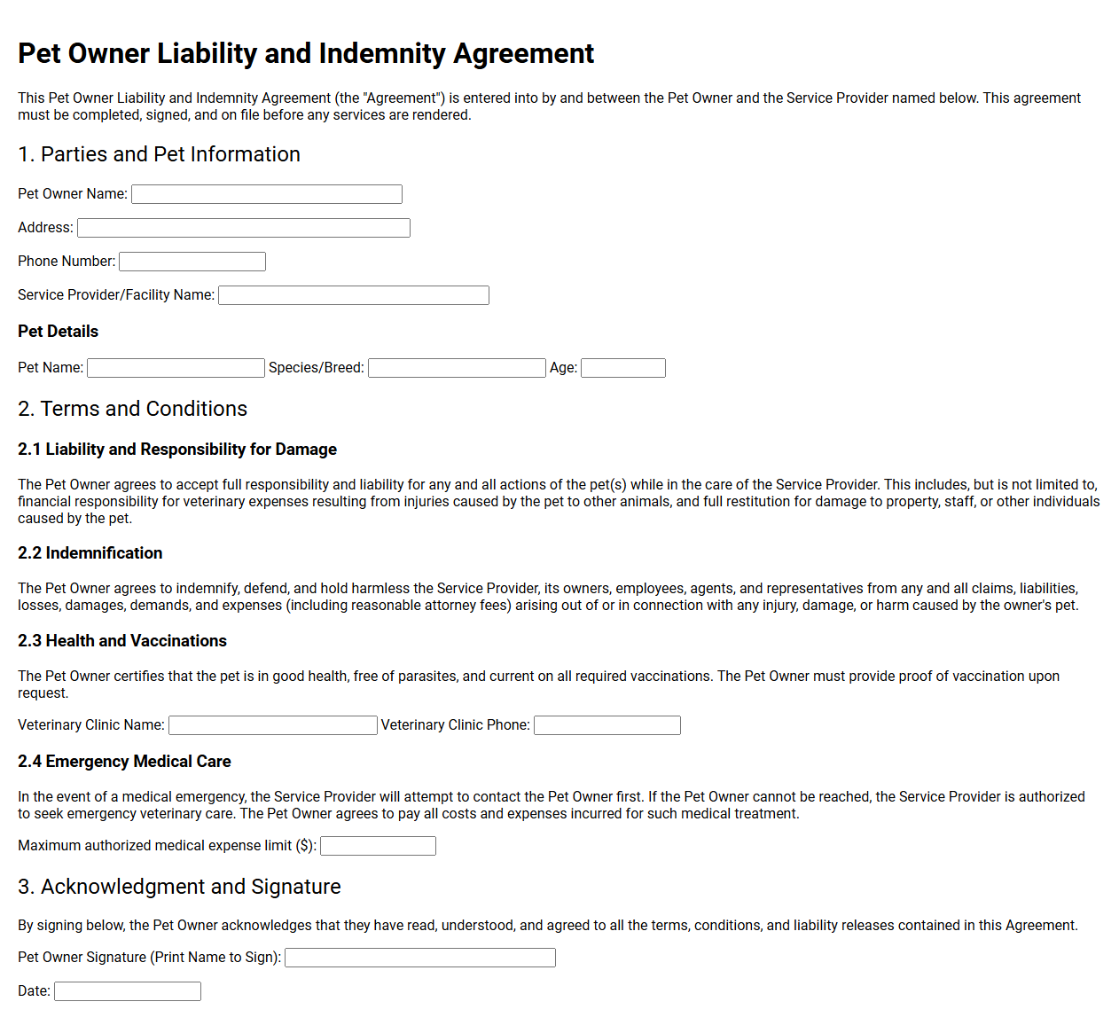Pet Owner Liability and Indemnity Agreement