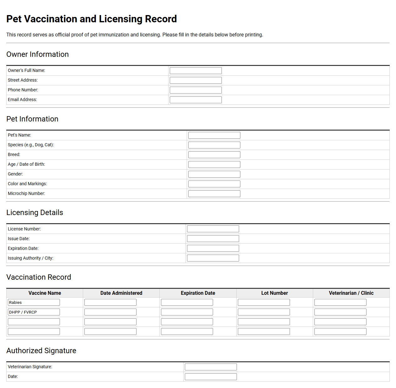 Pet Vaccination and Licensing Record