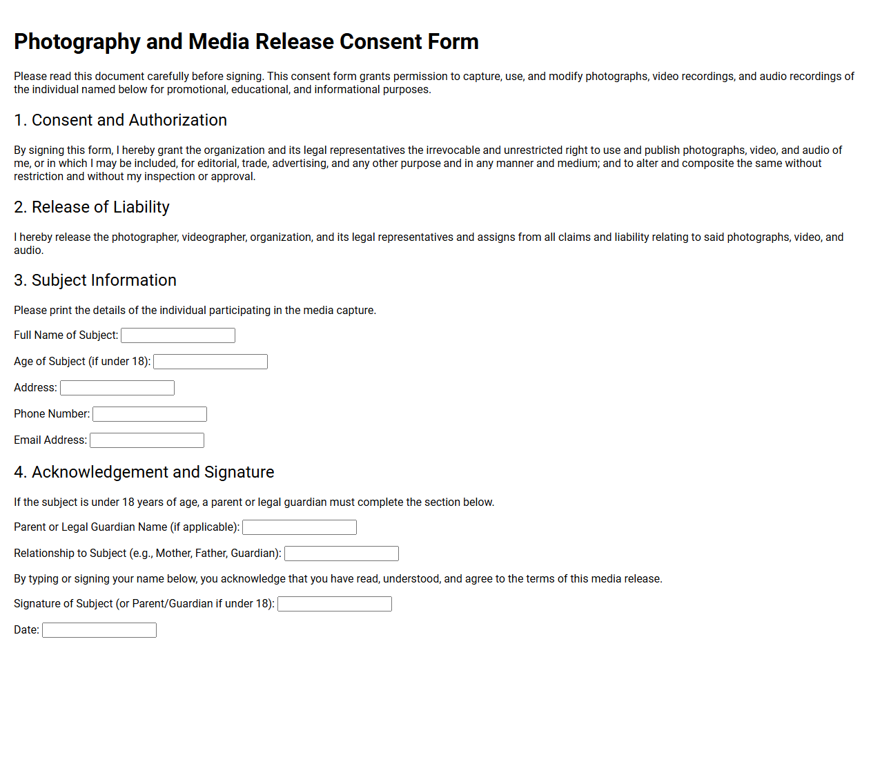 Photography and Media Release Consent Form