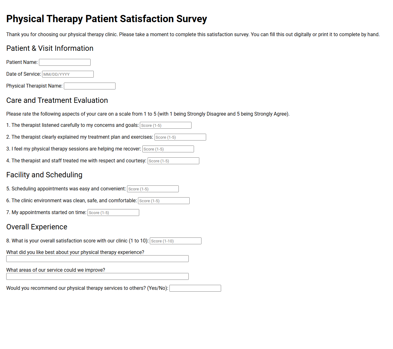 Physical Therapy Patient Satisfaction Survey