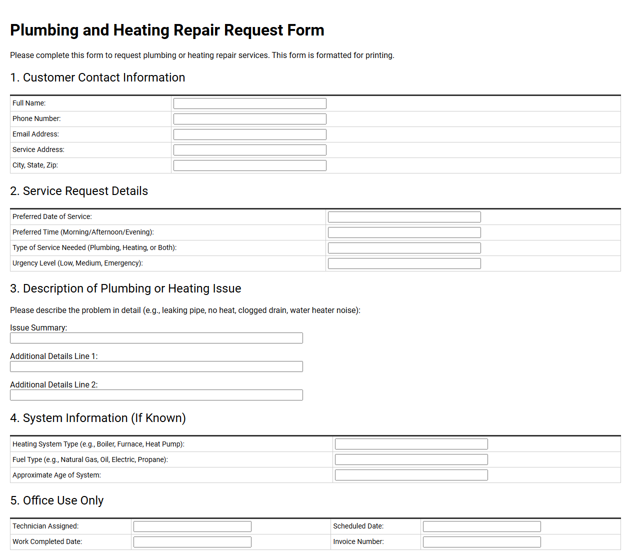 Plumbing and Heating Repair Request Form