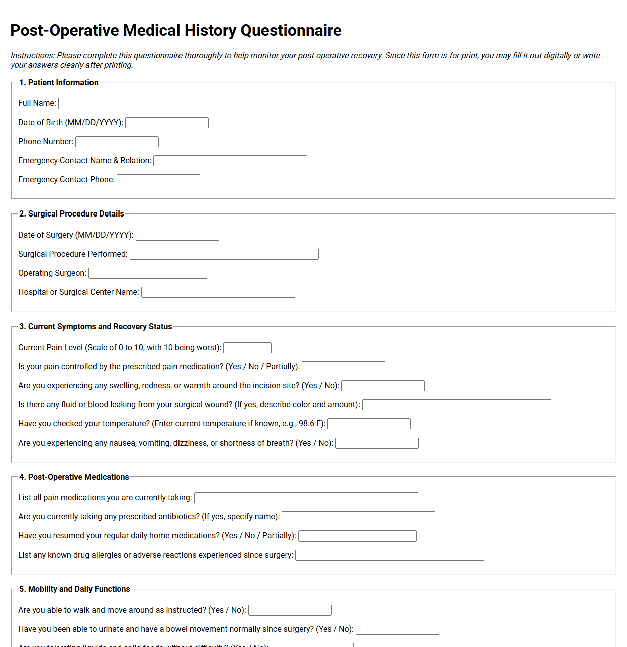 Post-Operative Medical History Questionnaire