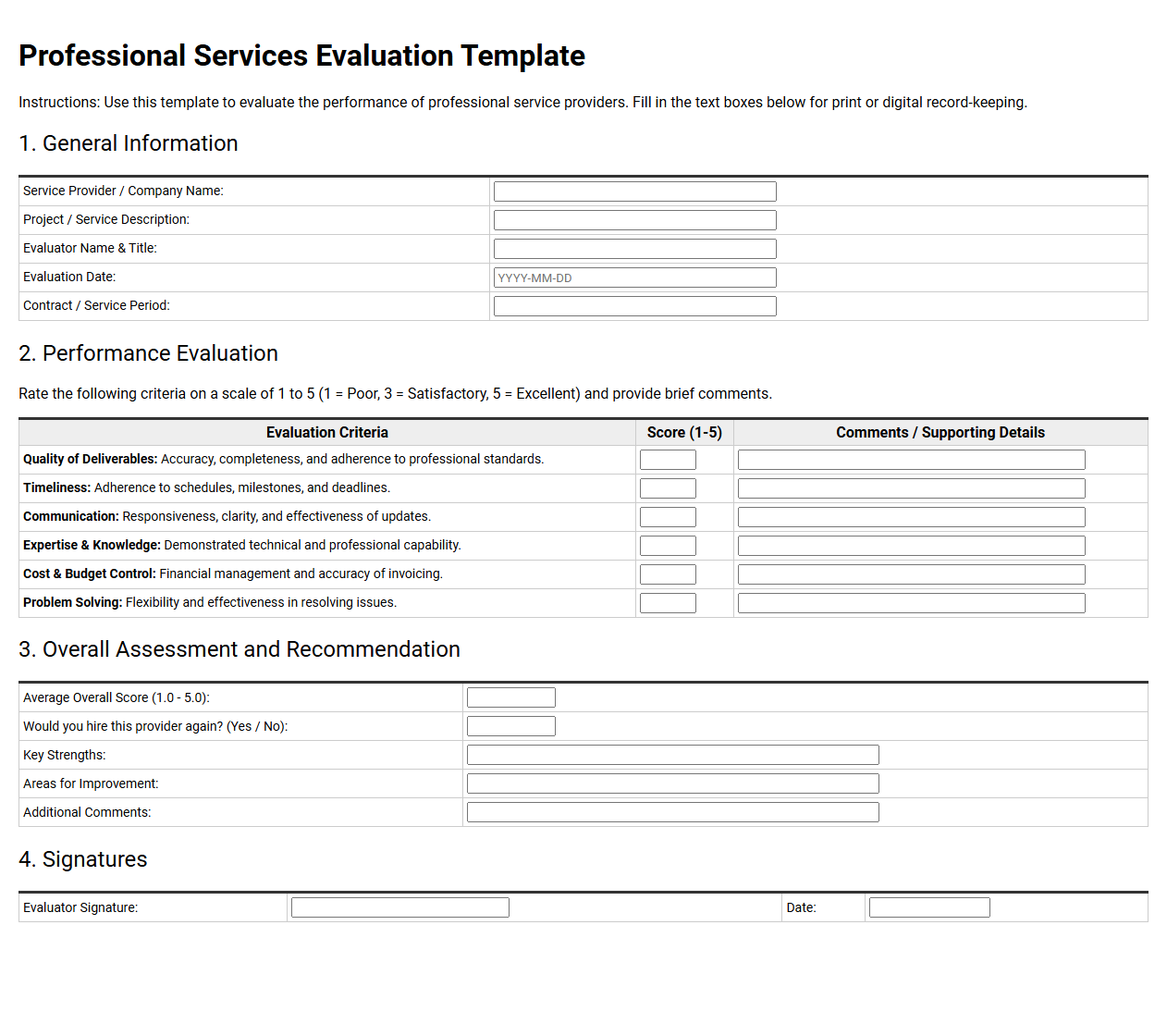 Professional Services Evaluation Template