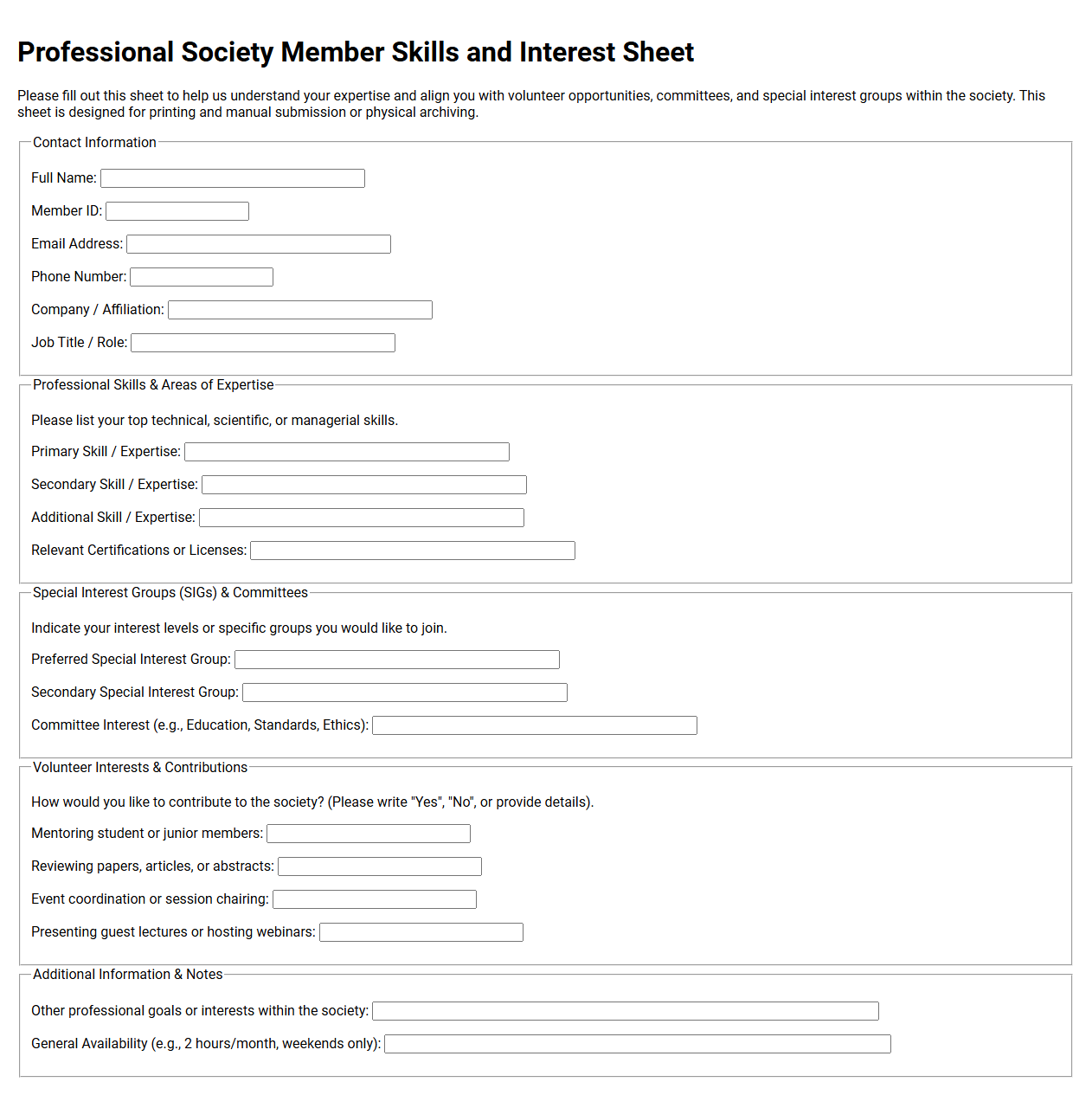 Professional Society Member Skills and Interest Sheet